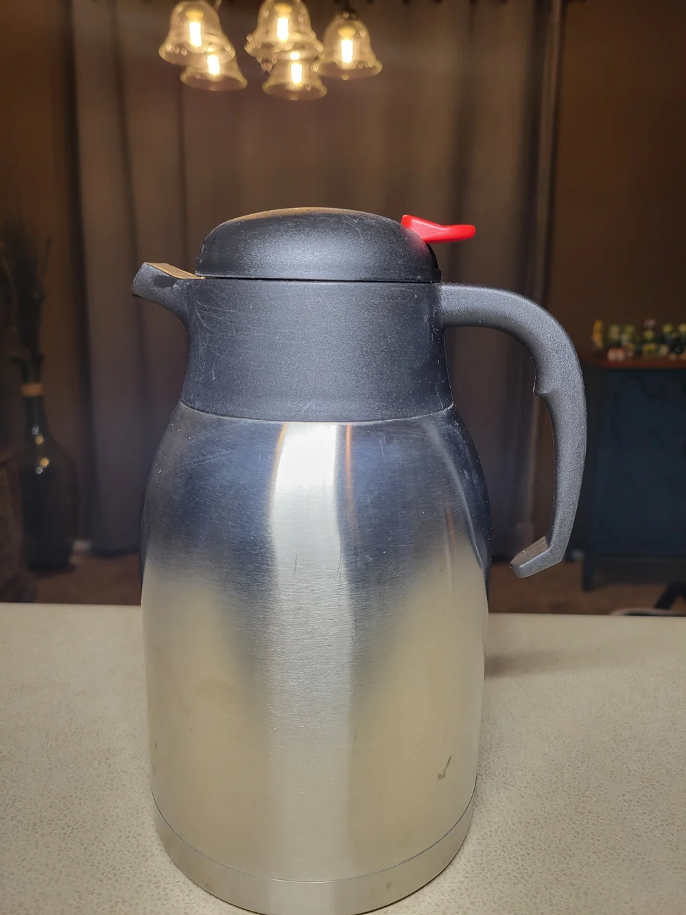 Stainless Steel Thermal Carafe with Black Lid and Red Pour Button